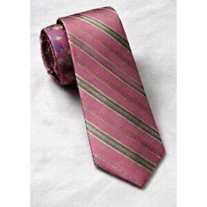 Robert Graham Luxury Silk Necktie Pink Green Stripe w/Crest Detail Handmade